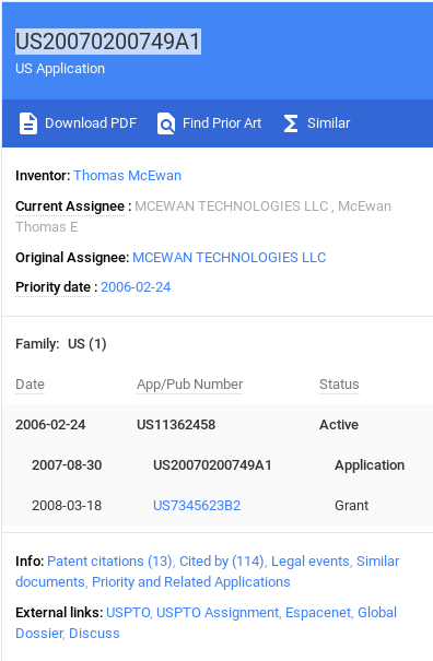 Patent application US20070200749A1 details including inventor Thomas McEwan and current assignee MCEWAN TECHNOLOGIES LLC